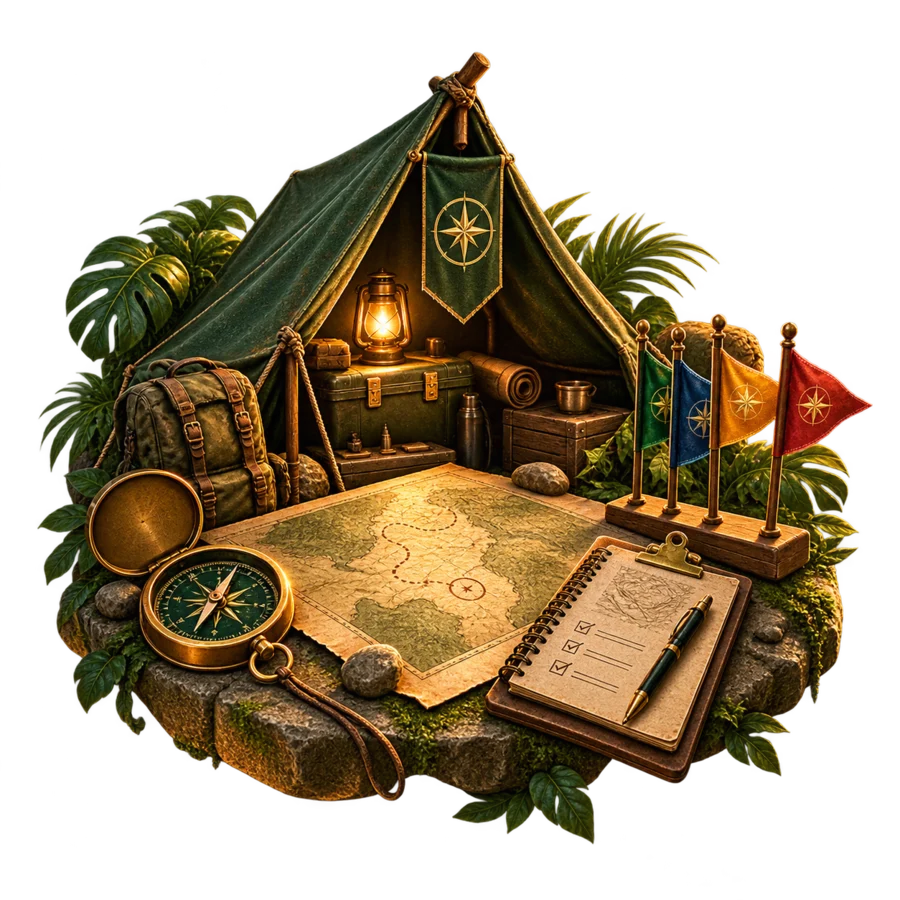 Acampamento de expedição com mapas e lampiões